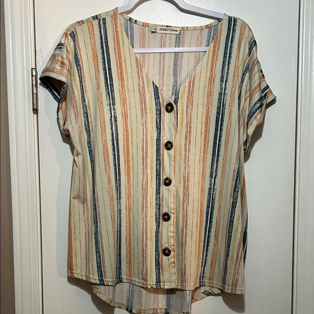 BOGO free -  FLT Studio blue, yellow, orange, brown, Striped Button-Down Shirt